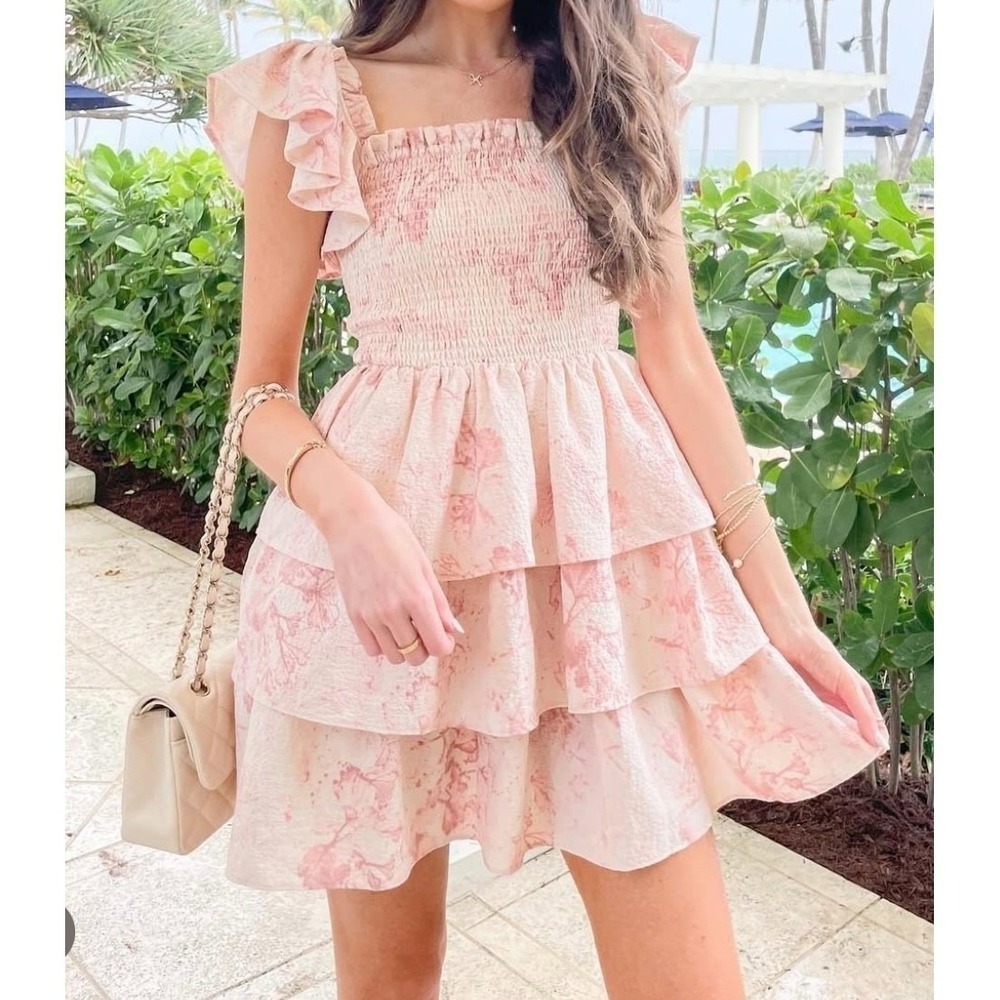 NWT Express M Coquette Cottage Pink Cream Feminine Floral Ruffle Mini Dress